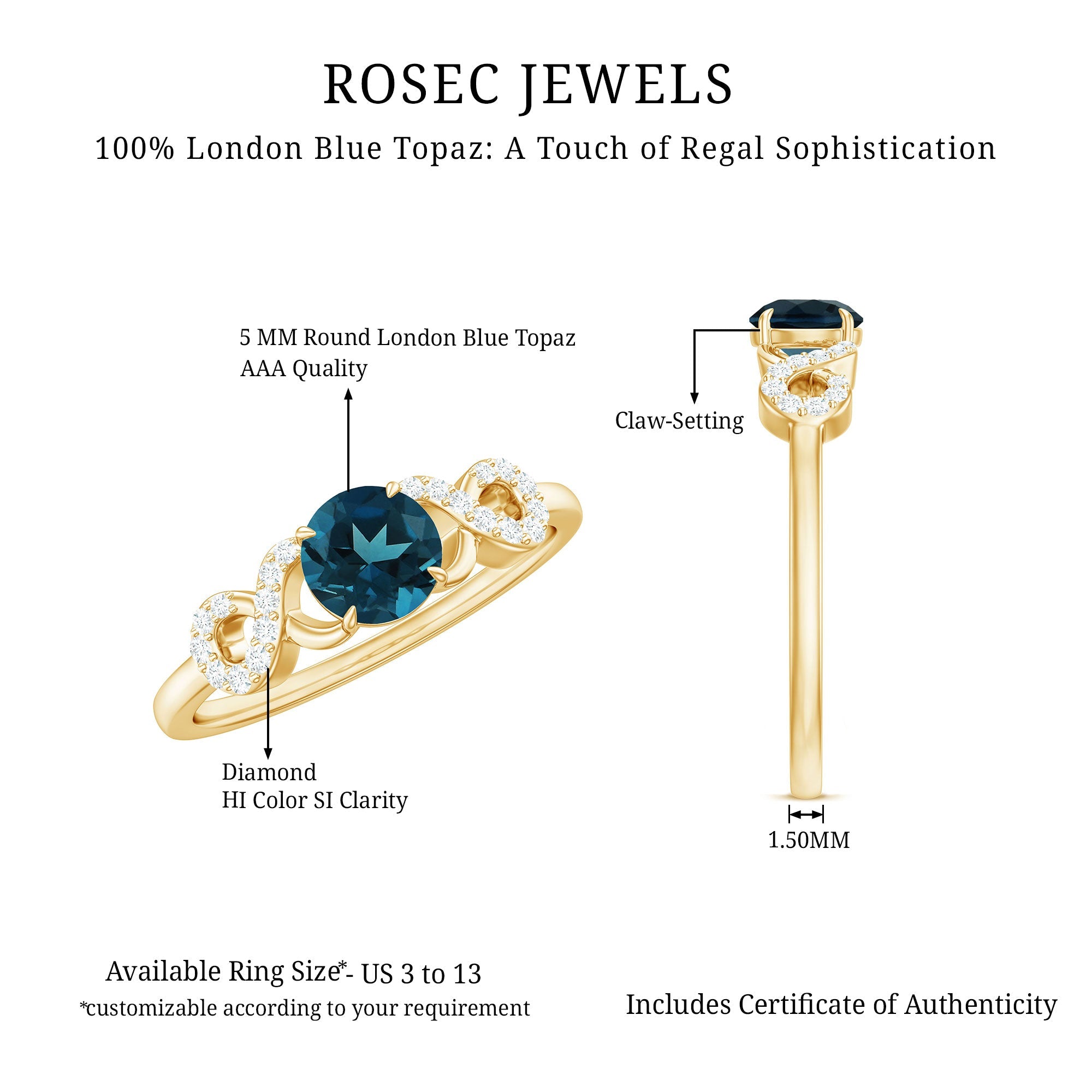 0.6 Carat Round London Blue Topaz Engagement Ring with Criss Cross Diamond