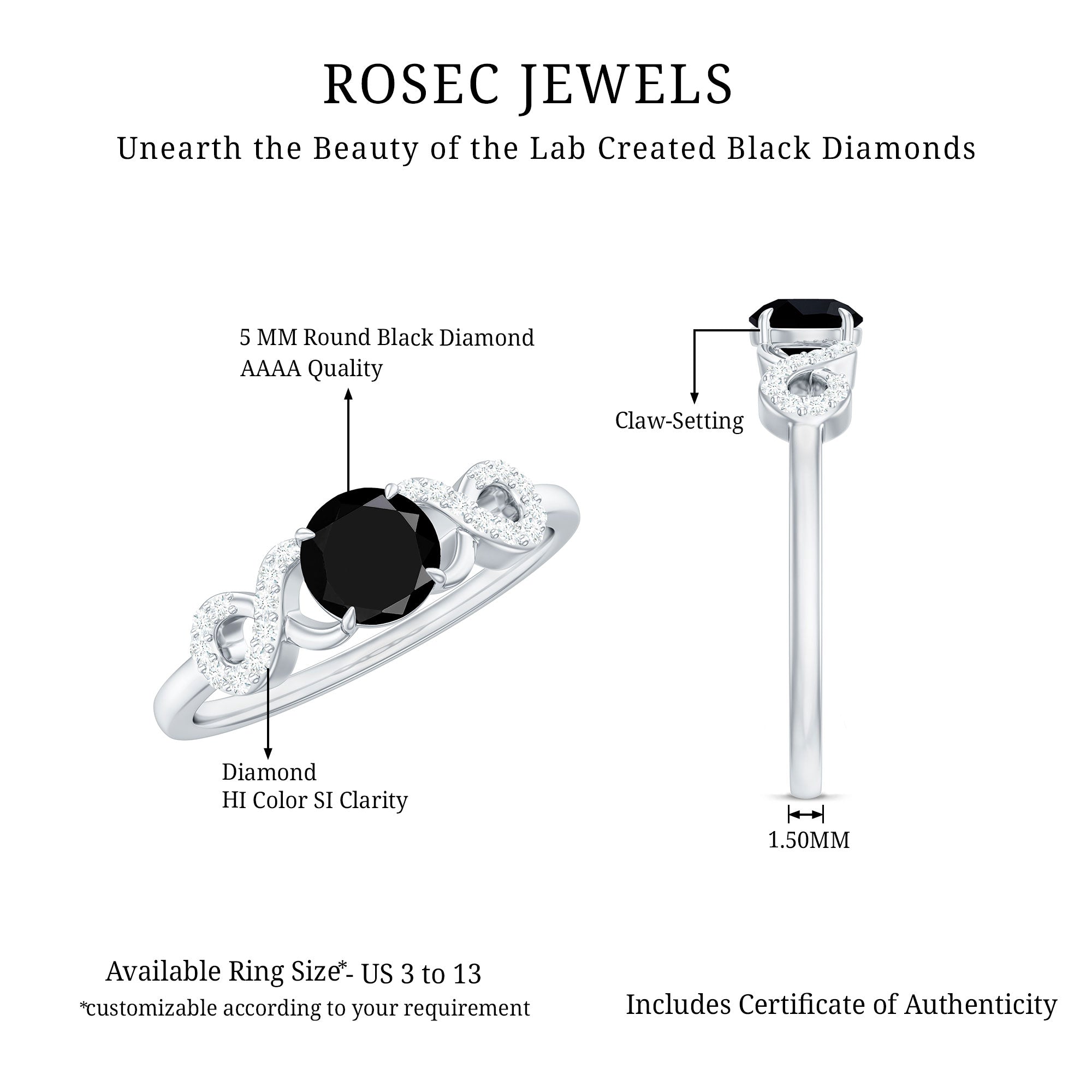 Certified 0.8 Carat Lab Grown Black and White Diamond Engagement Ring with Infinity Knot