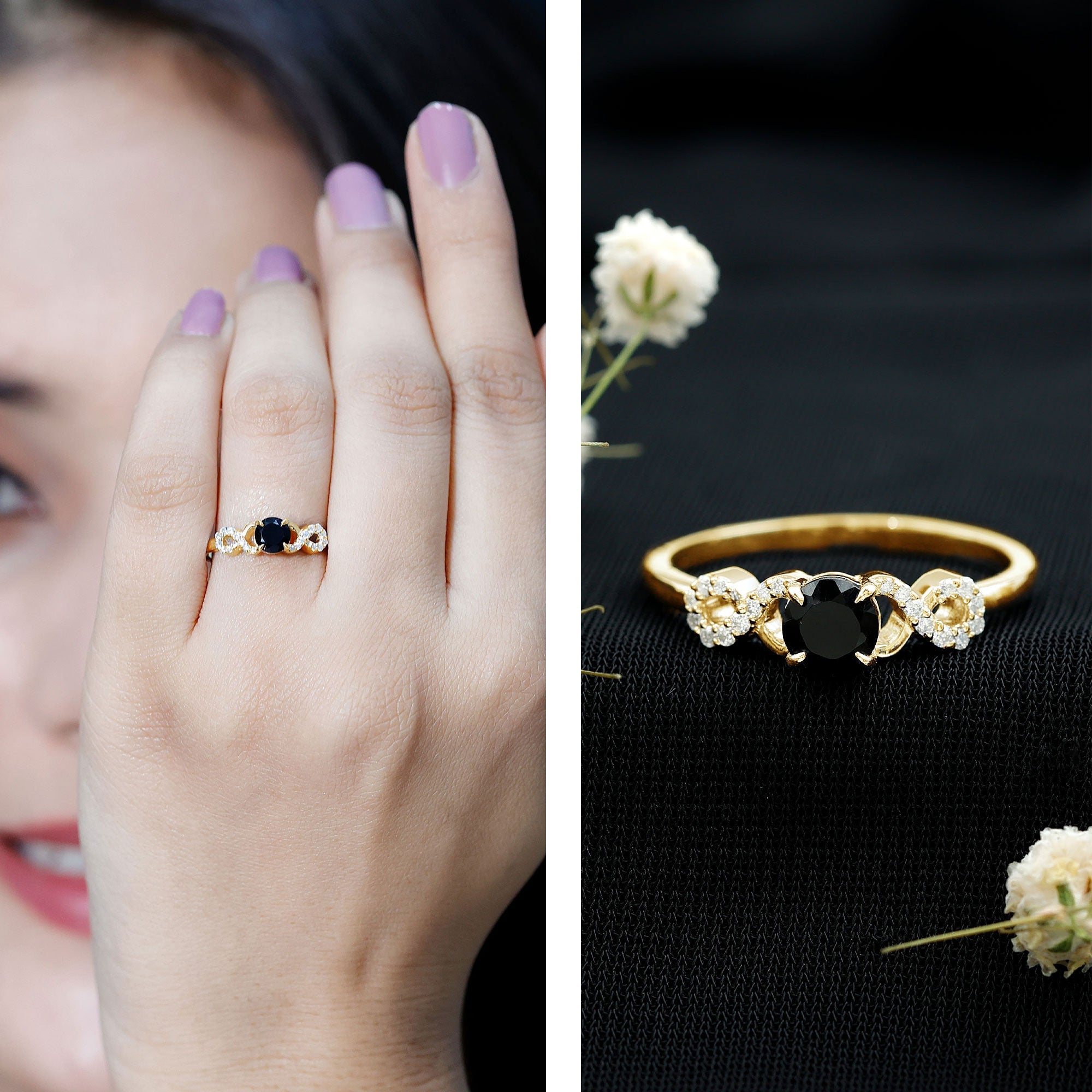 Certified 0.8 Carat Lab Grown Black and White Diamond Engagement Ring with Infinity Knot