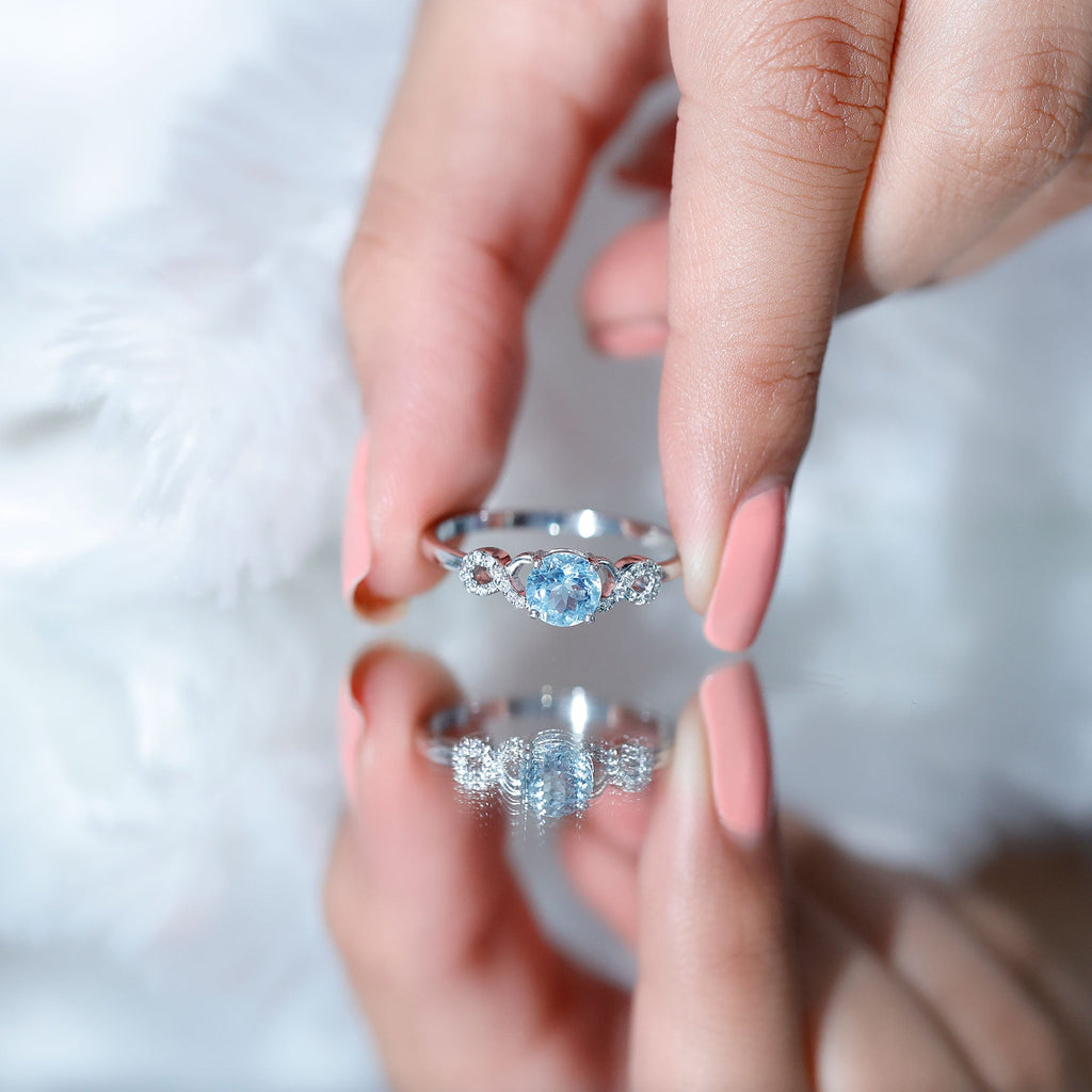 Round Shape Aquamarine and Diamond Infinity Engagement Ring