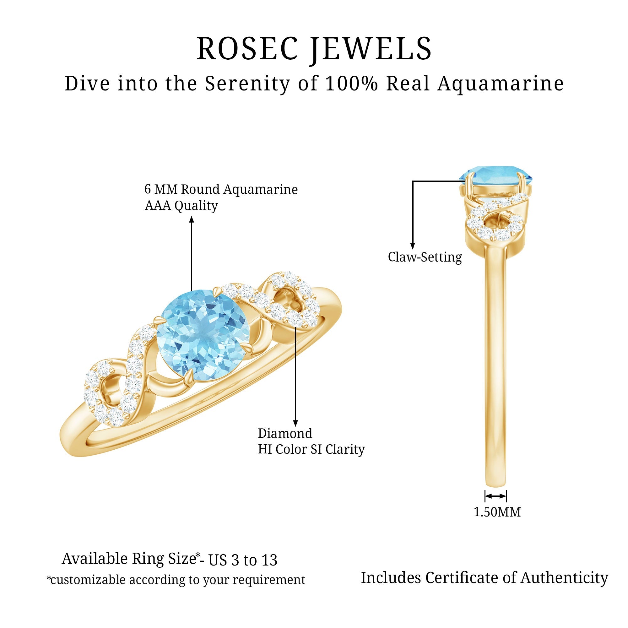 Round Shape Aquamarine and Diamond Infinity Engagement Ring