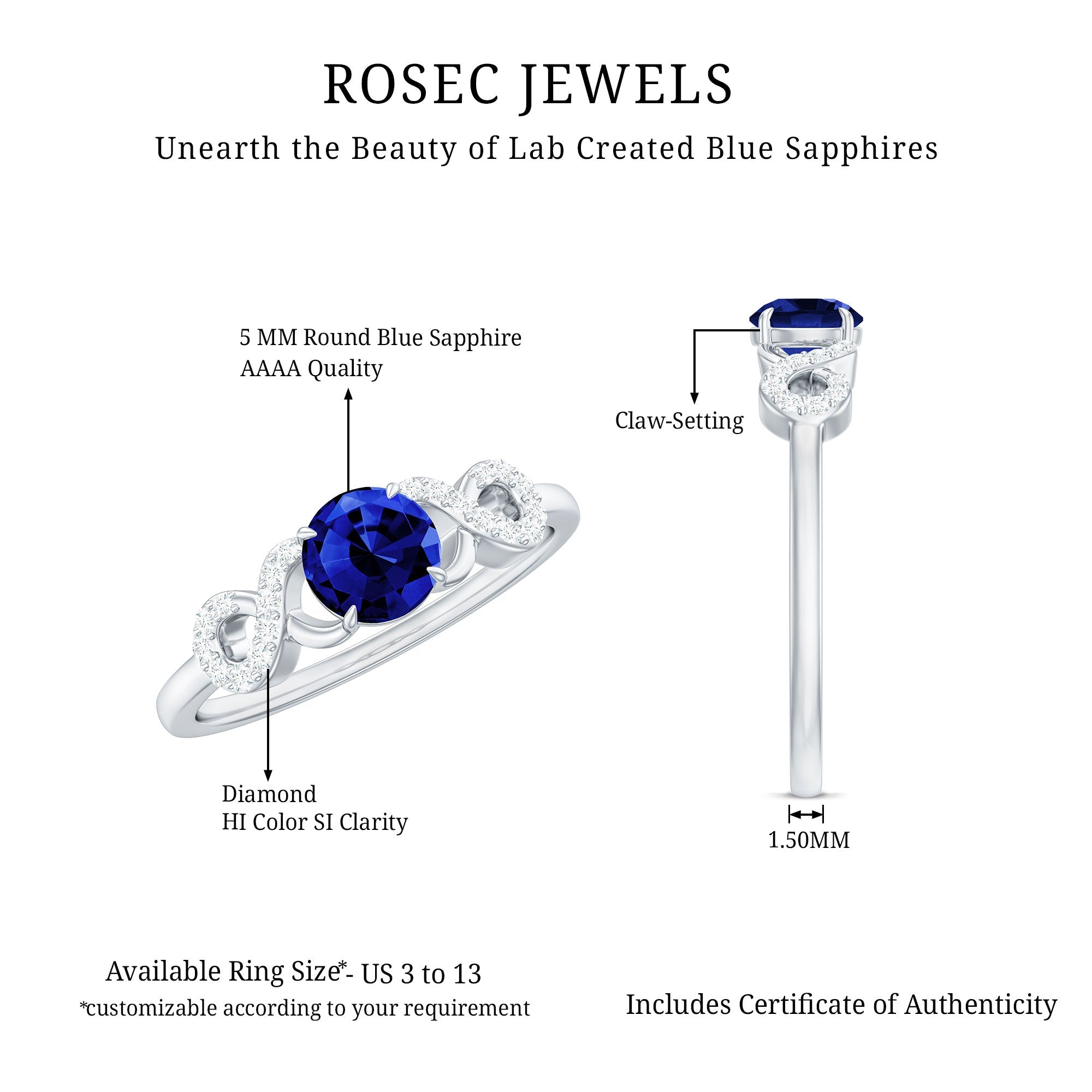 Certified 0.6 Carat Lab Grown Blue Sapphire Engagement Ring with Diamond Infinity Knot