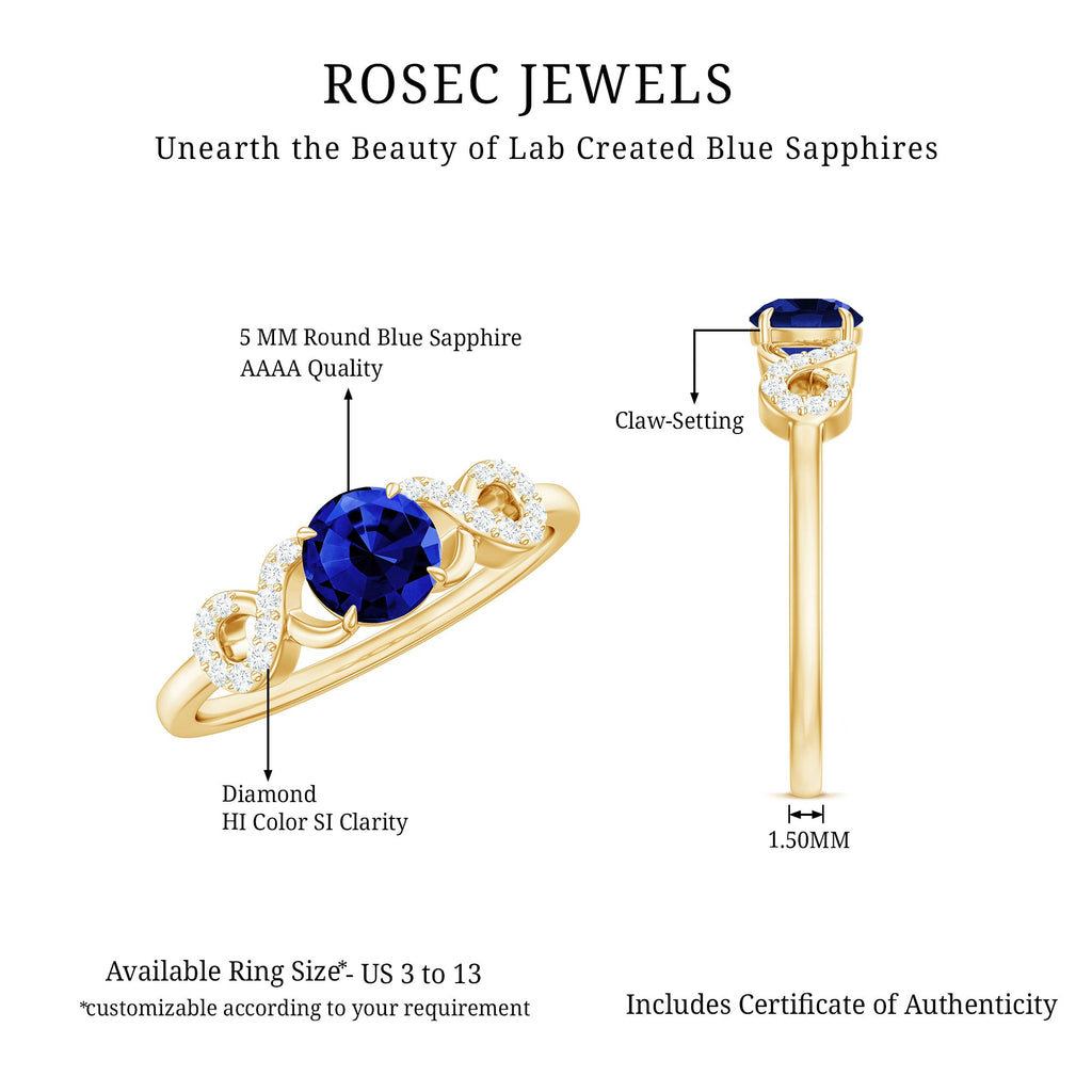 Certified 0.6 Carat Lab Grown Blue Sapphire Engagement Ring with Diamond Infinity Knot