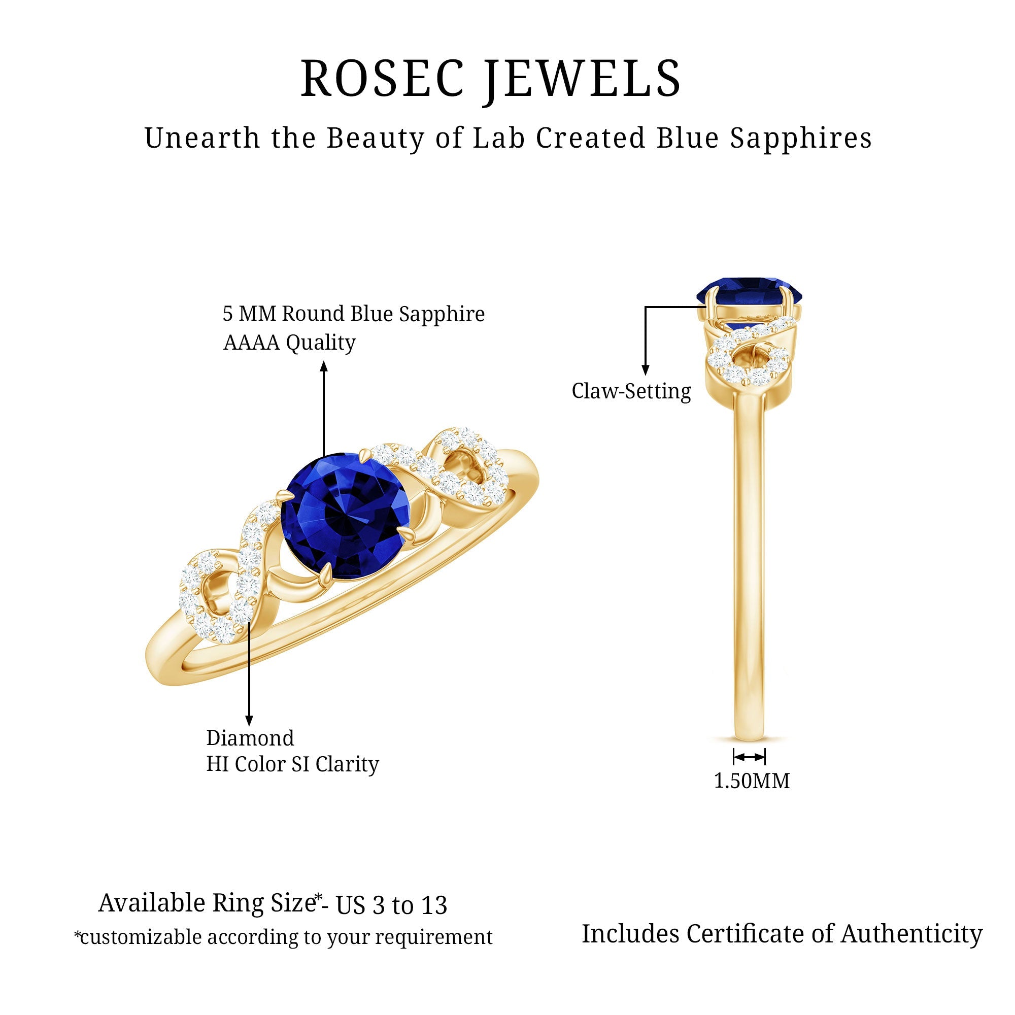 Certified 0.6 Carat Lab Grown Blue Sapphire Engagement Ring with Diamond Infinity Knot