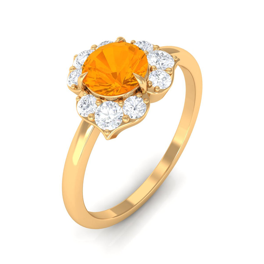 Round Fire Opal Flower Engagement Ring with Diamond