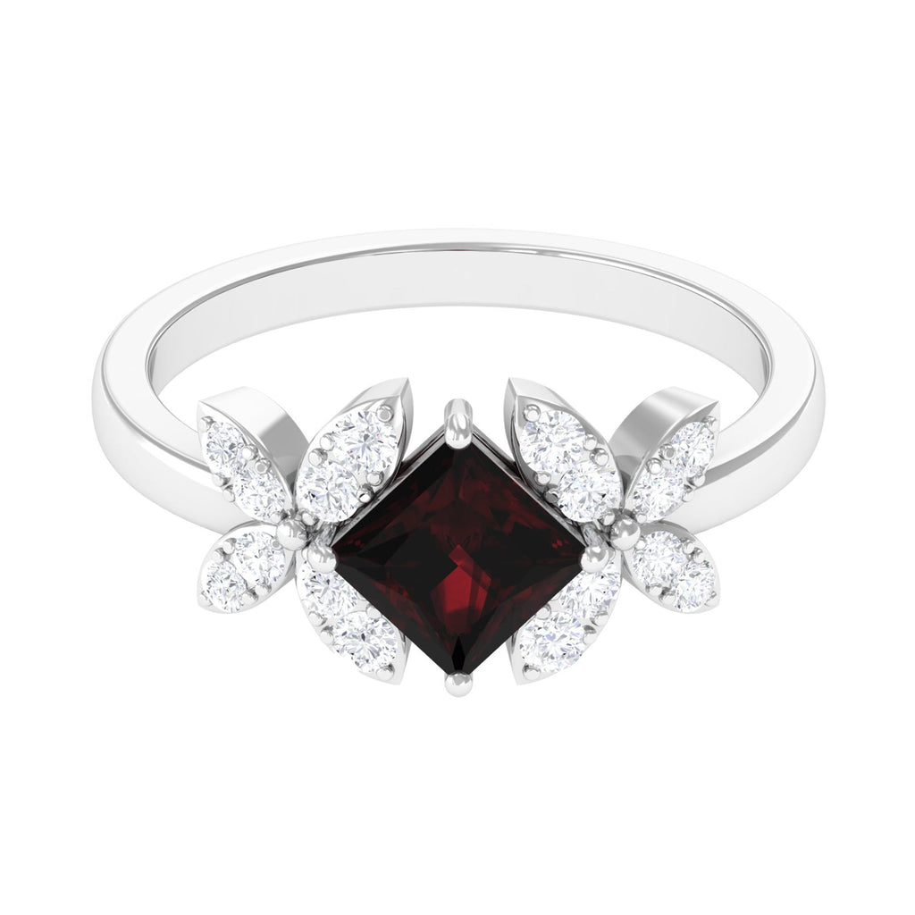 Natural 1.4 Carat Garnet Princess Cut Engagement Ring with Diamond Flower