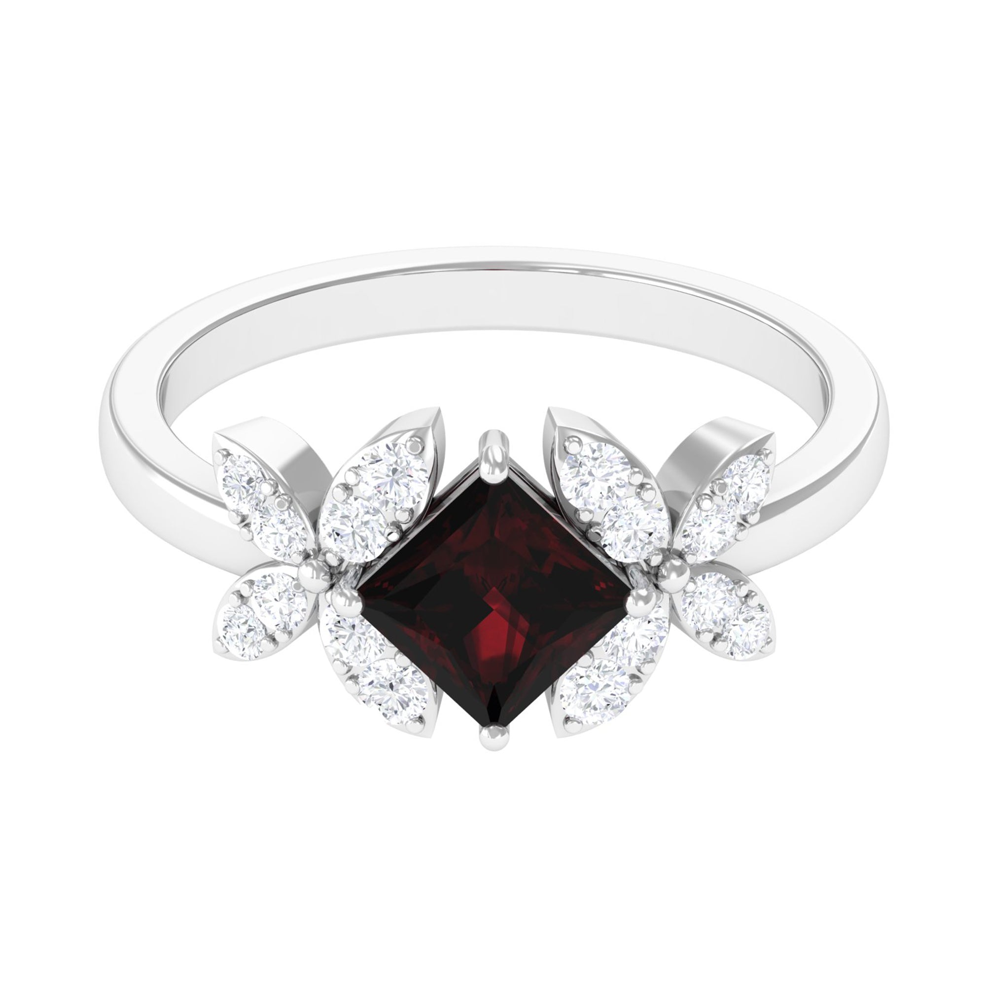 Natural 1.4 Carat Garnet Princess Cut Engagement Ring with Diamond Flower