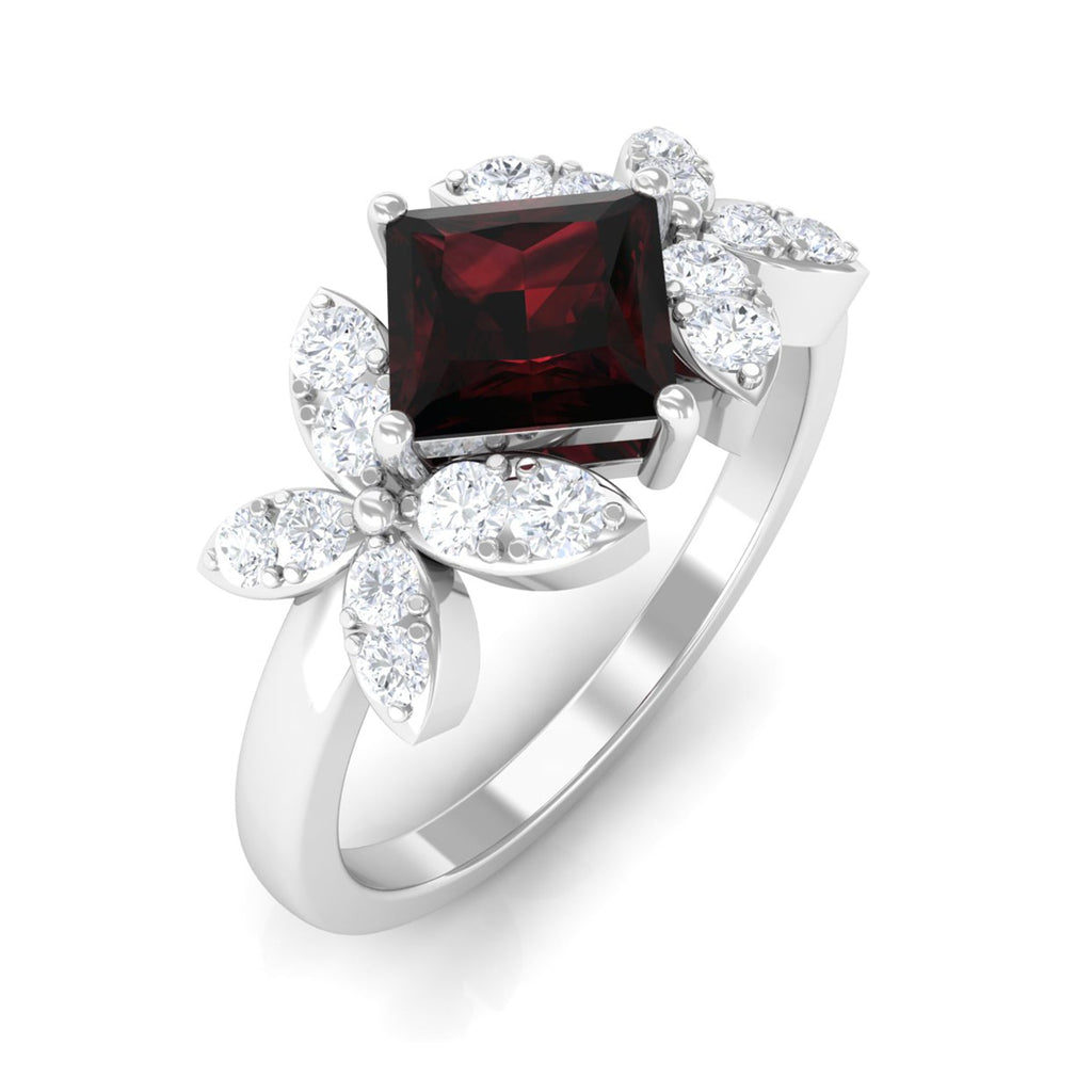 Natural 1.4 Carat Garnet Princess Cut Engagement Ring with Diamond Flower