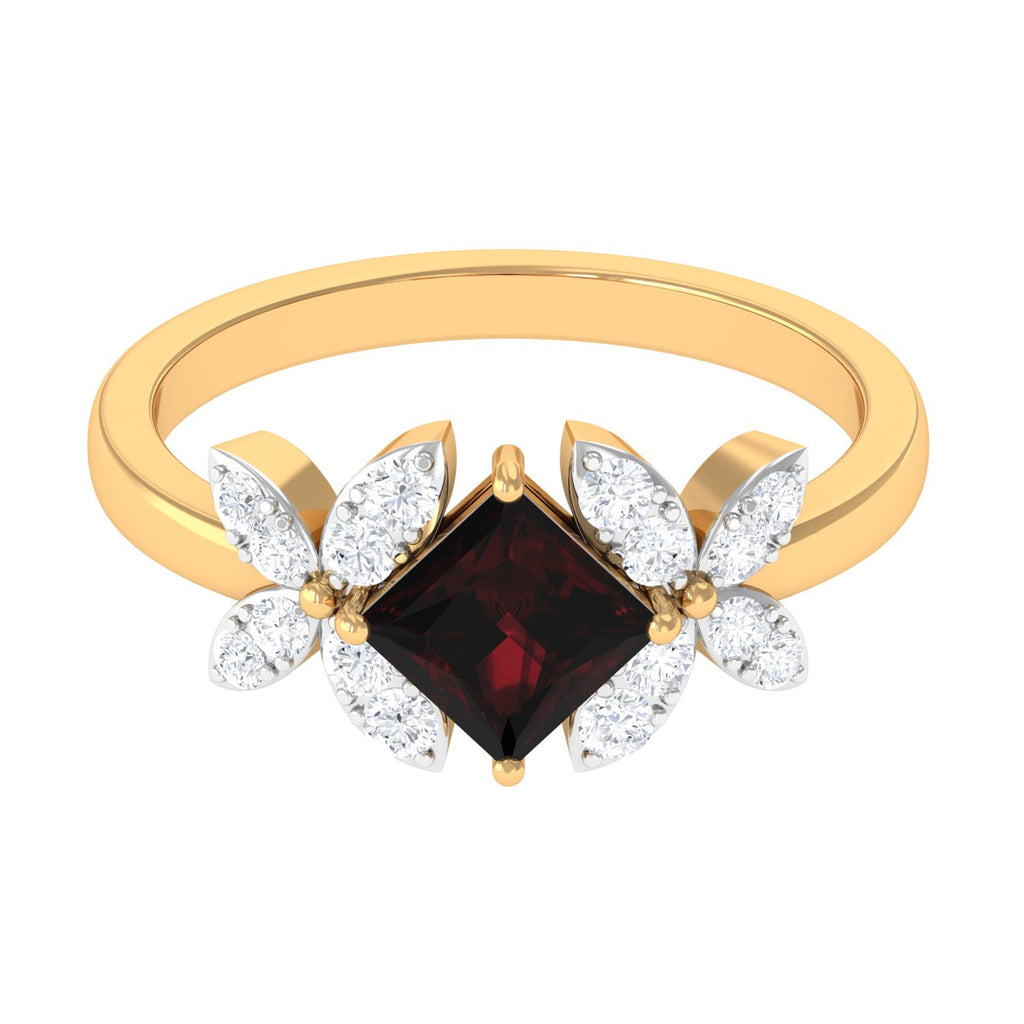 Natural 1.4 Carat Garnet Princess Cut Engagement Ring with Diamond Flower