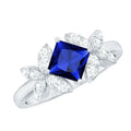 Certified 1.5 Carat Princess Cut Lab Grown Blue Sapphire Engagement Ring with Diamond Flower