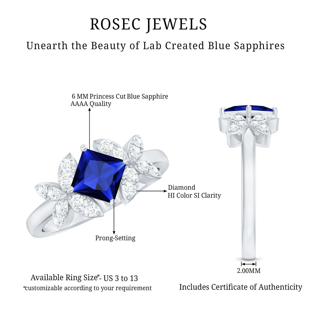 Certified 1.5 Carat Princess Cut Lab Grown Blue Sapphire Engagement Ring with Diamond Flower