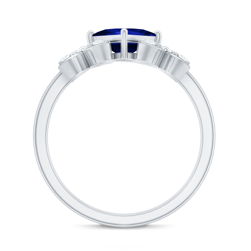 Certified 1.5 Carat Princess Cut Lab Grown Blue Sapphire Engagement Ring with Diamond Flower