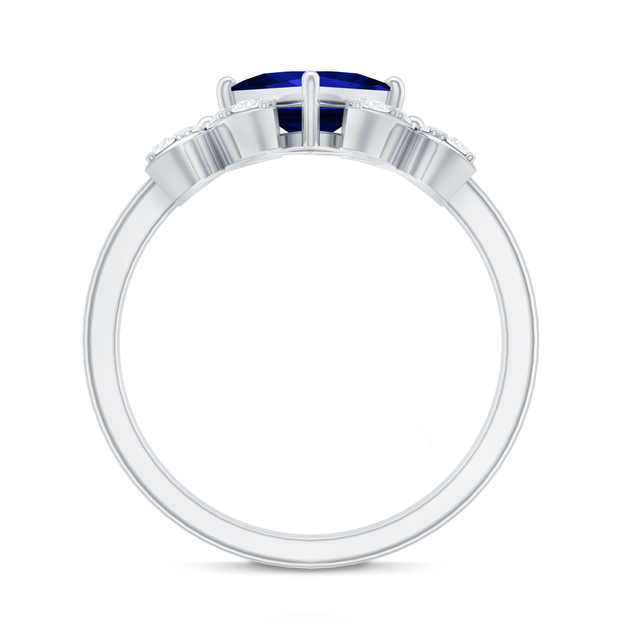 Certified 1.5 Carat Princess Cut Lab Grown Blue Sapphire Engagement Ring with Diamond Flower
