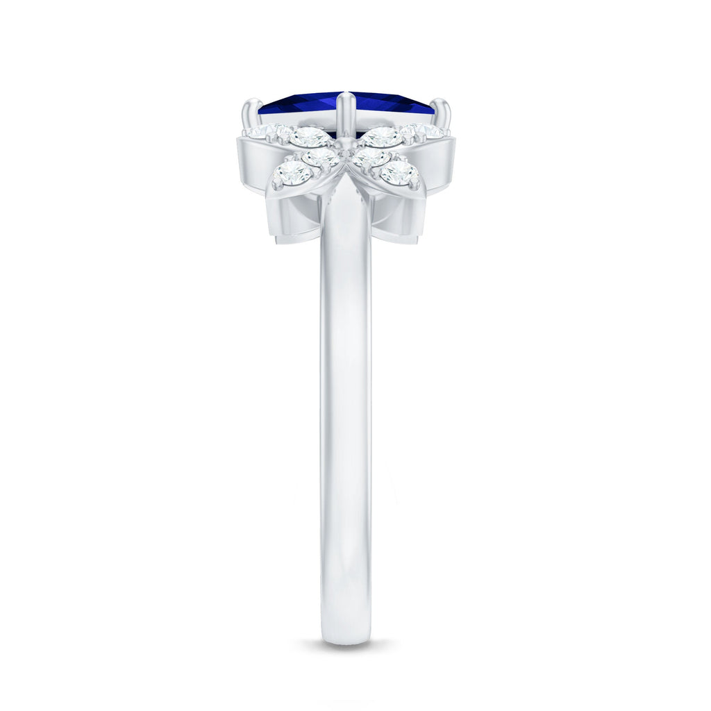 Certified 1.5 Carat Princess Cut Lab Grown Blue Sapphire Engagement Ring with Diamond Flower