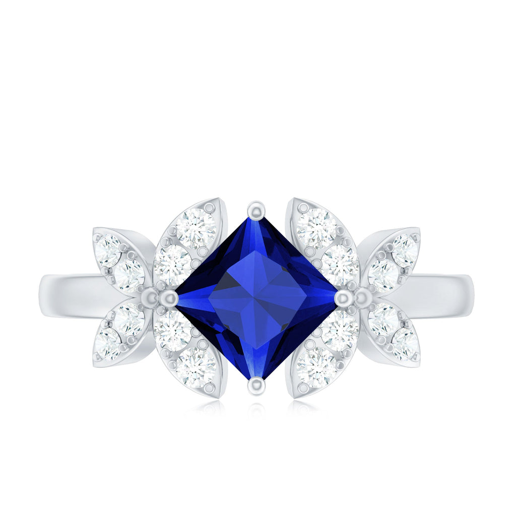 Certified 1.5 Carat Princess Cut Lab Grown Blue Sapphire Engagement Ring with Diamond Flower