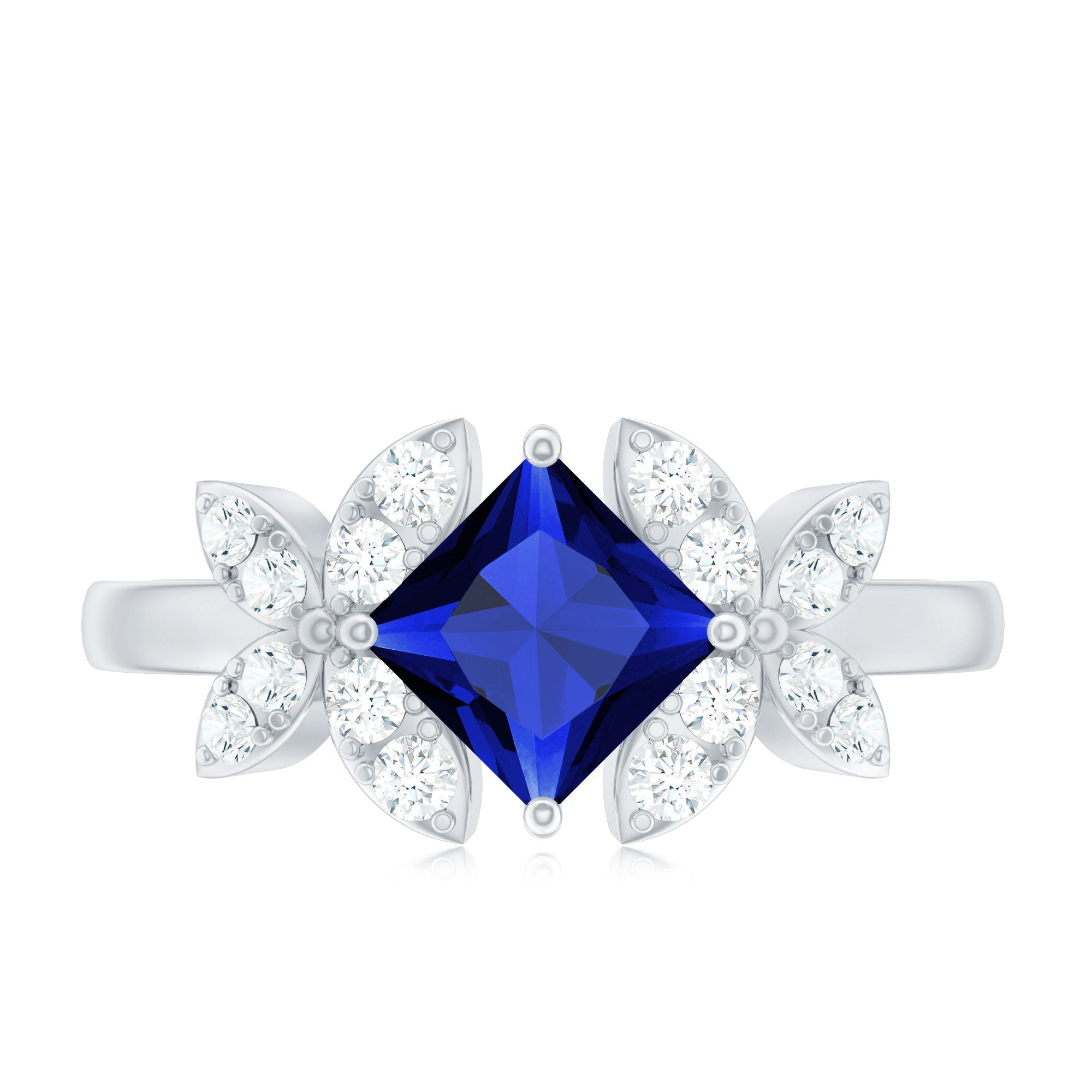 Certified 1.5 Carat Princess Cut Lab Grown Blue Sapphire Engagement Ring with Diamond Flower