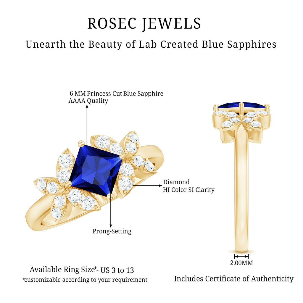 Certified 1.5 Carat Princess Cut Lab Grown Blue Sapphire Engagement Ring with Diamond Flower
