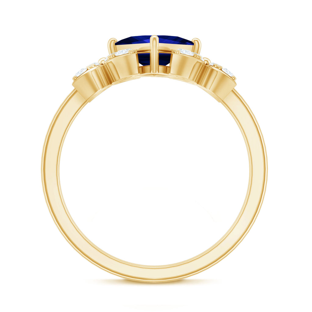 Certified 1.5 Carat Princess Cut Lab Grown Blue Sapphire Engagement Ring with Diamond Flower