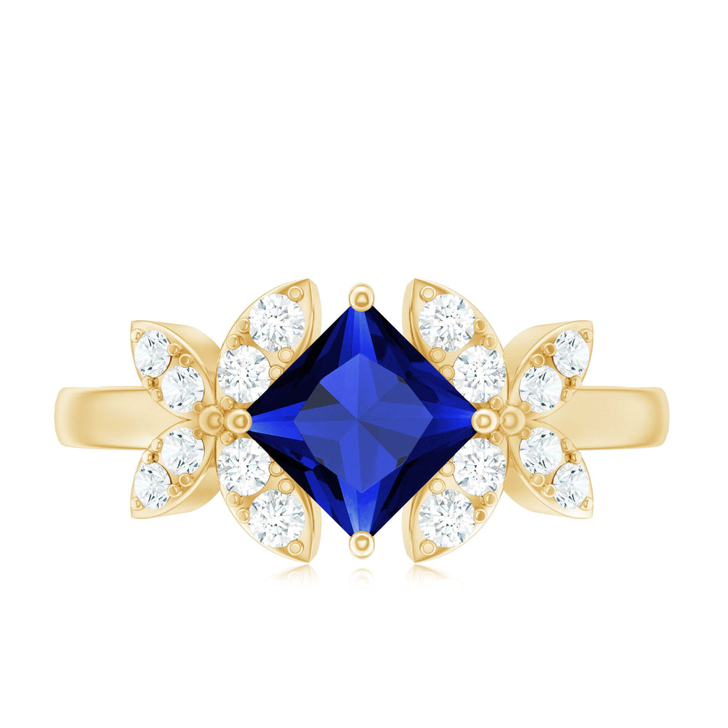 Certified 1.5 Carat Princess Cut Lab Grown Blue Sapphire Engagement Ring with Diamond Flower