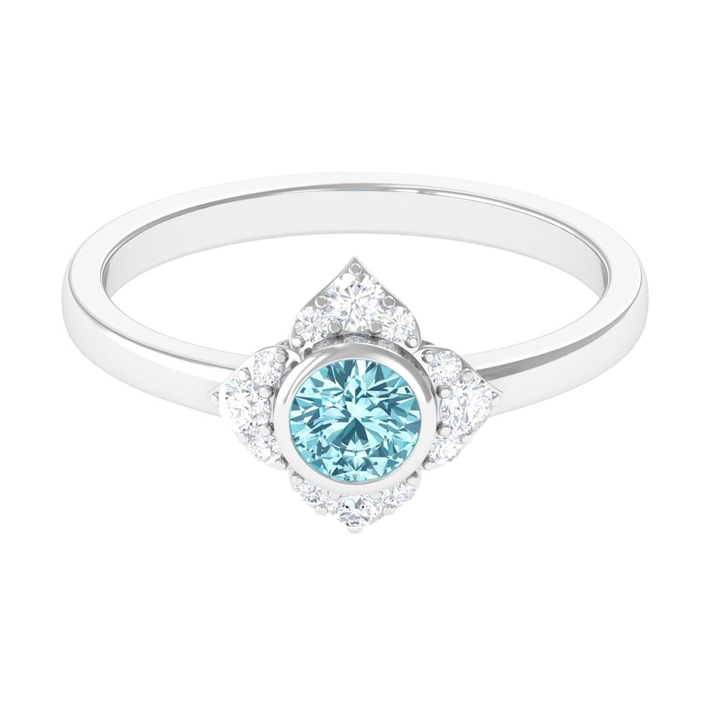 Bezel Set Aquamarine and Diamond Flower Engagement Ring with Certificate