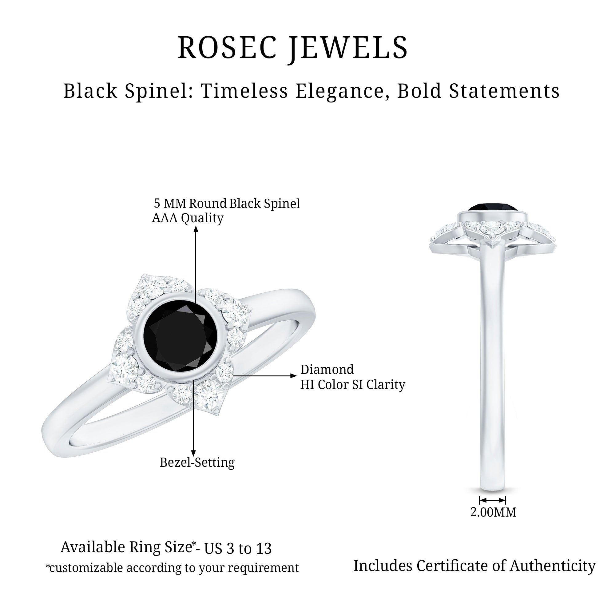 Real Bezel Set Black Spinel Flower Engagement Ring with Diamond