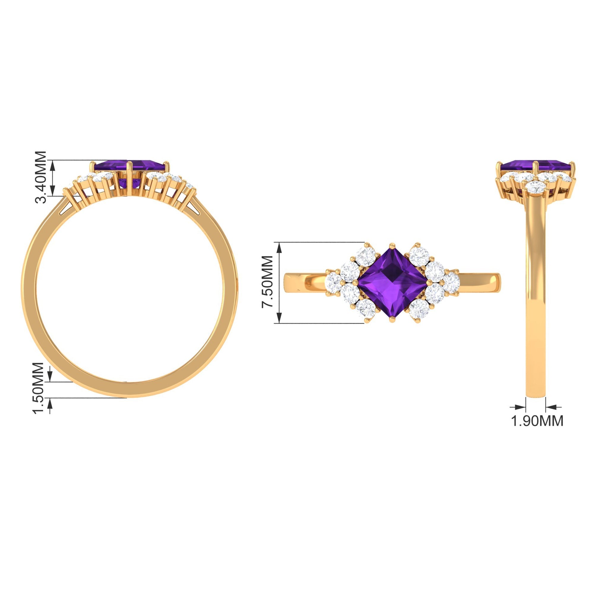 Natural 1.2 Carat Amethyst Princess Cut Engagement Ring with Diamond