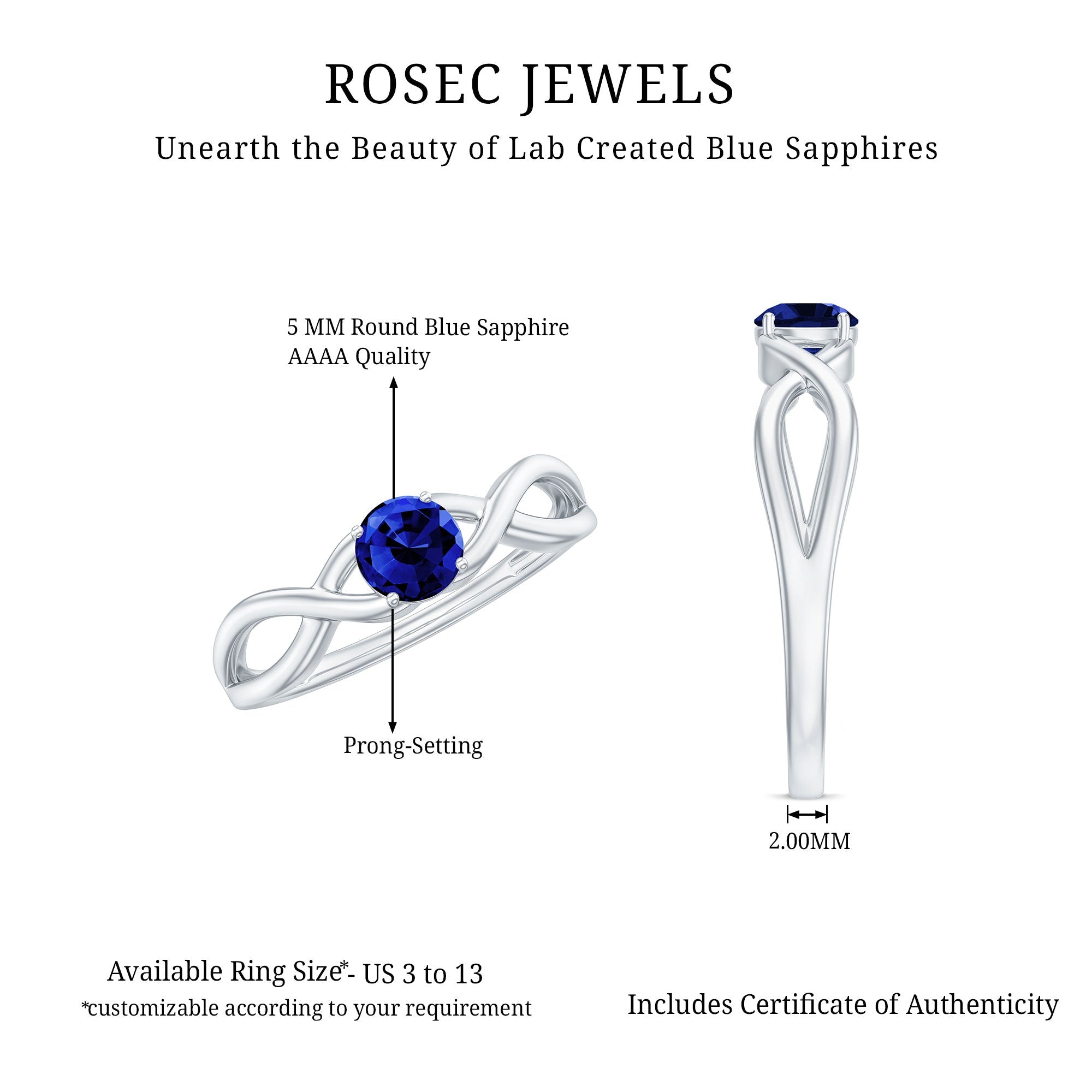 Certified 0.6 Carat Lab Grown Blue Sapphire Infinity Promise Ring