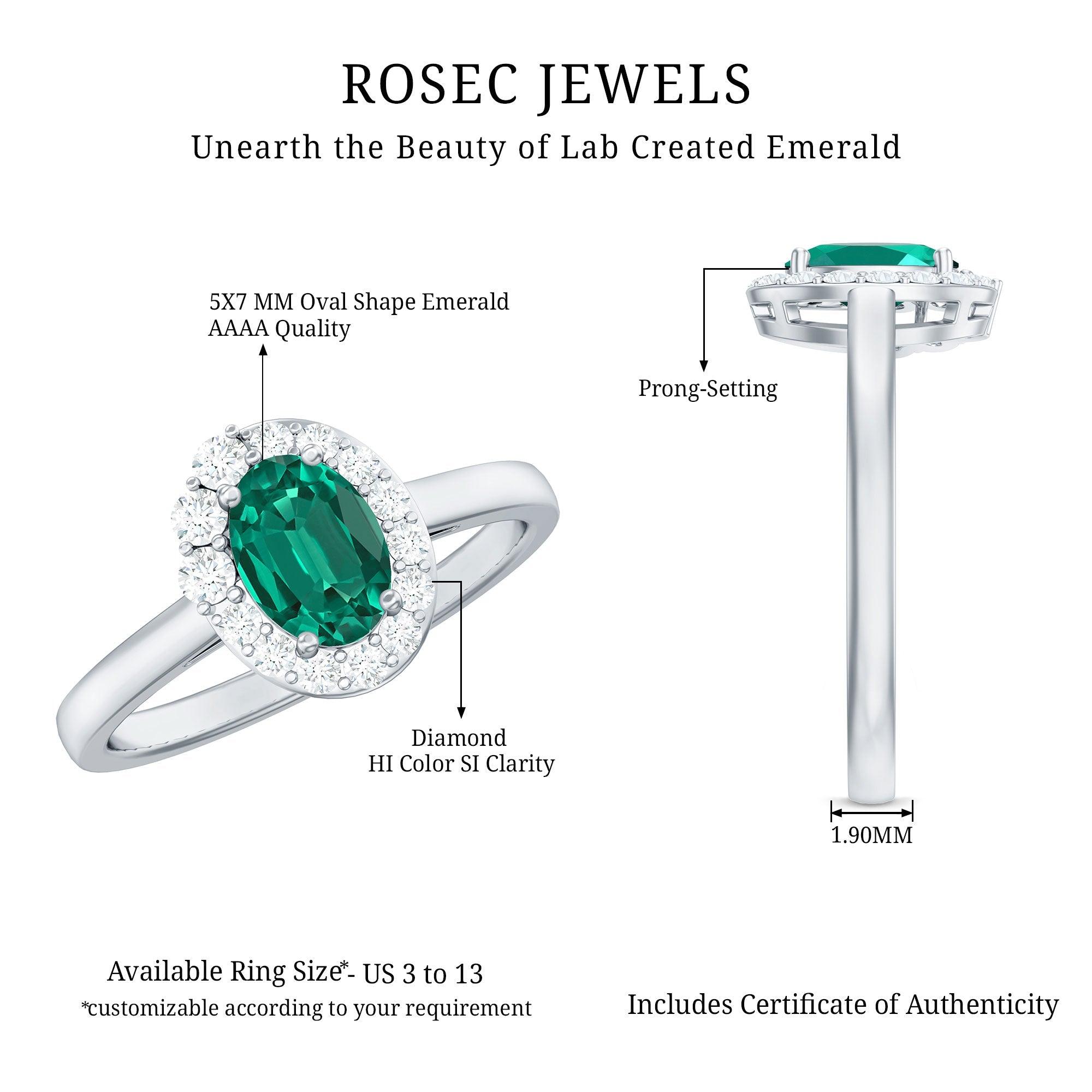 Classic 0.8 Carat Oval Lab Grown Emerald Engagement Ring with Diamond Halo