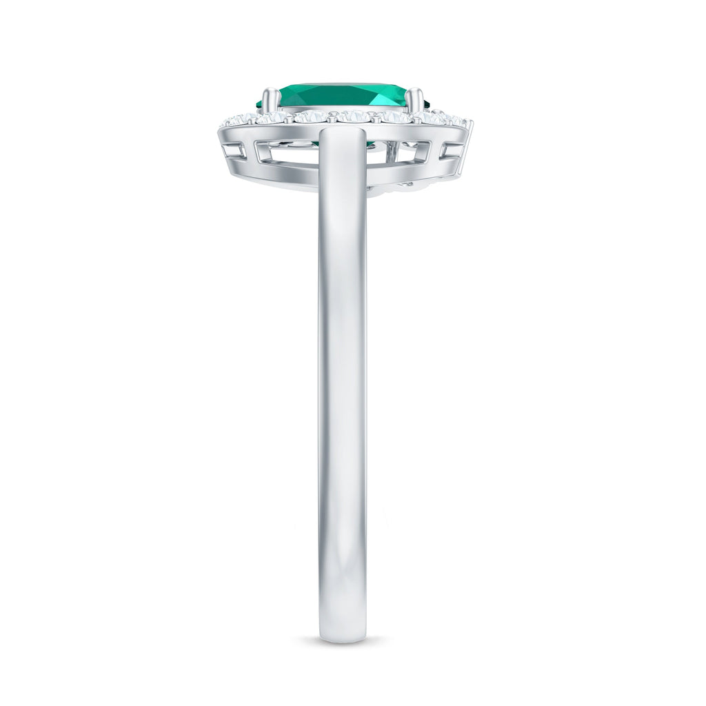 Classic 0.8 Carat Oval Lab Grown Emerald Engagement Ring with Diamond Halo