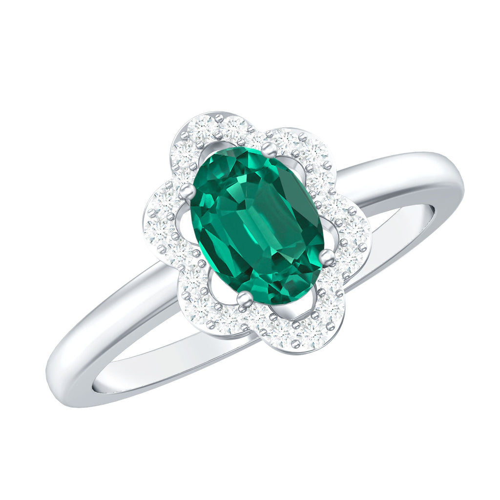 Certified Lab Grown Emerald Diamond Flower Engagement Ring With Diamonds