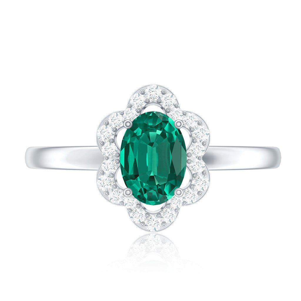 Certified Lab Grown Emerald Diamond Flower Engagement Ring With Diamonds