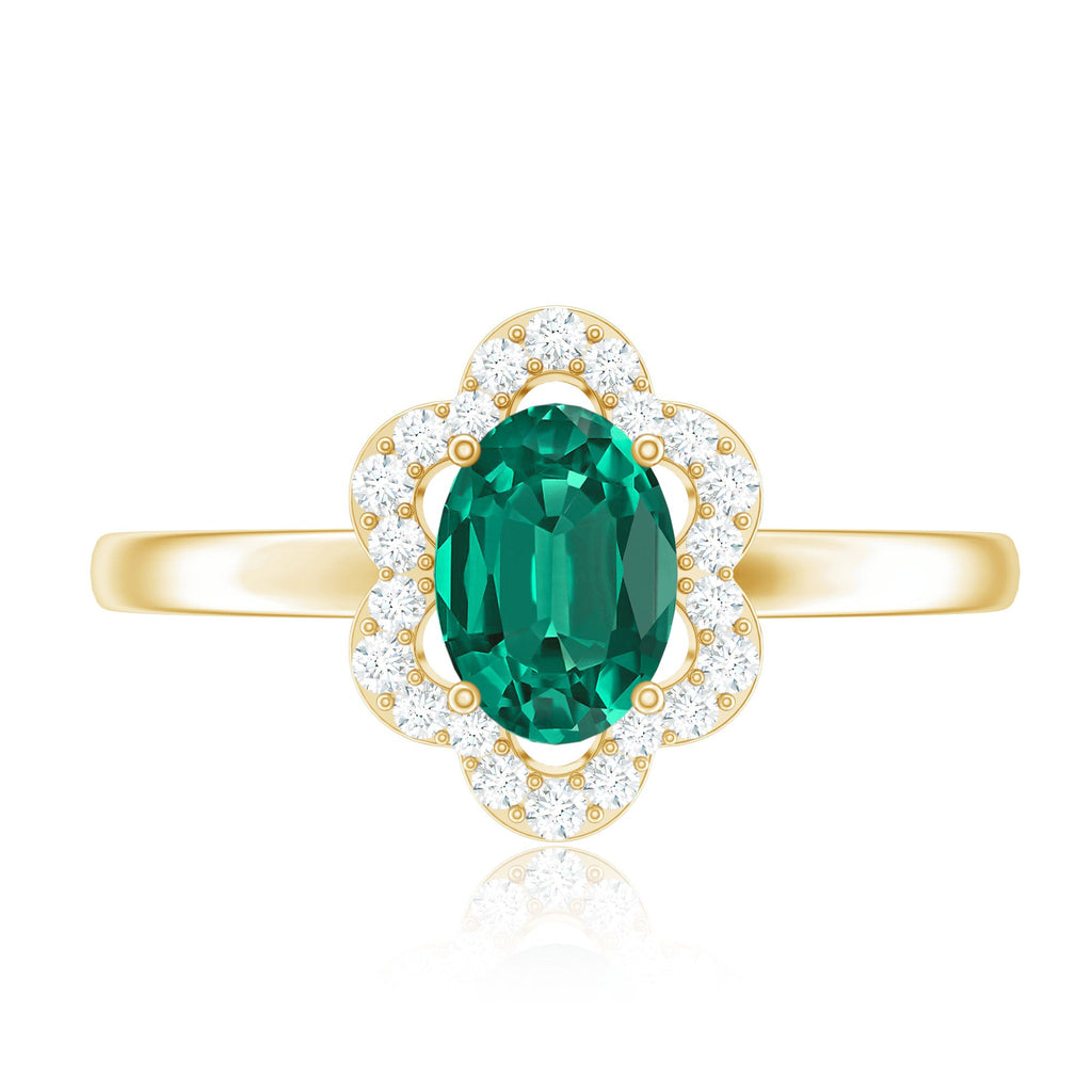 Certified Lab Grown Emerald Diamond Flower Engagement Ring With Diamonds