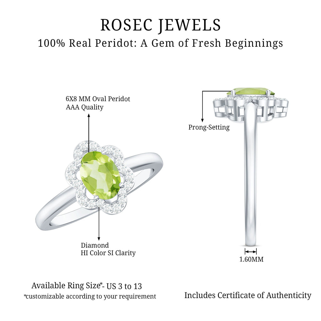 Natural 1 Carat Peridot Flower Engagement Ring with Diamond
