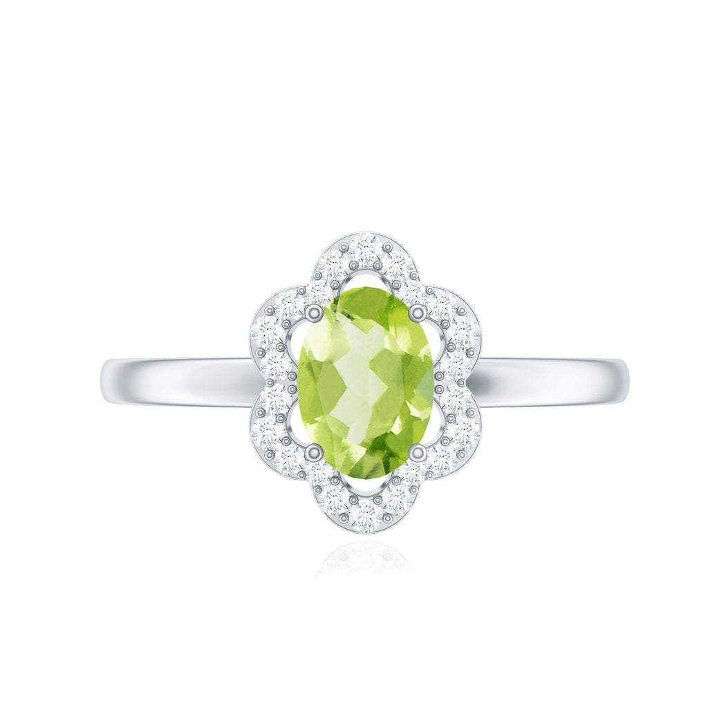 Natural 1 Carat Peridot Flower Engagement Ring with Diamond