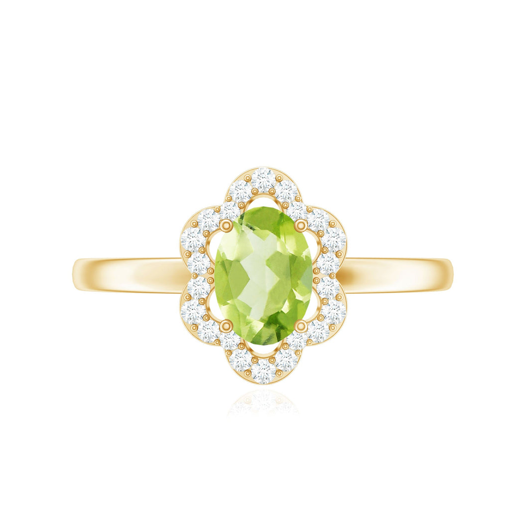 Natural 1 Carat Peridot Flower Engagement Ring with Diamond
