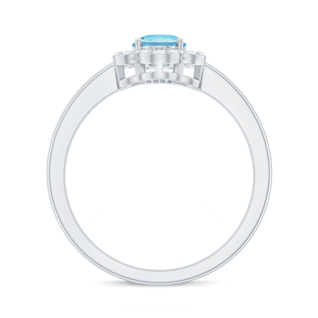 Real 1 Carat Aquamarine Oval Engagement Ring with Diamond Floral Halo