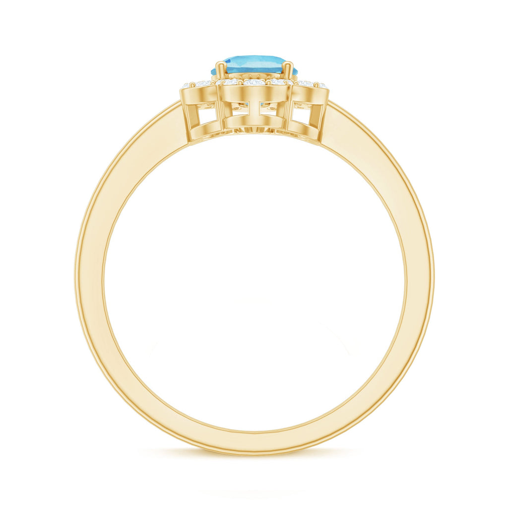 Real 1 Carat Aquamarine Oval Engagement Ring with Diamond Floral Halo