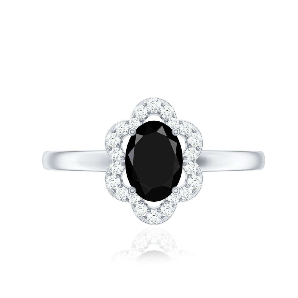 Certified Oval Cut 1 Carat Black Onyx Flower Engagement Ring with Diamond Halo