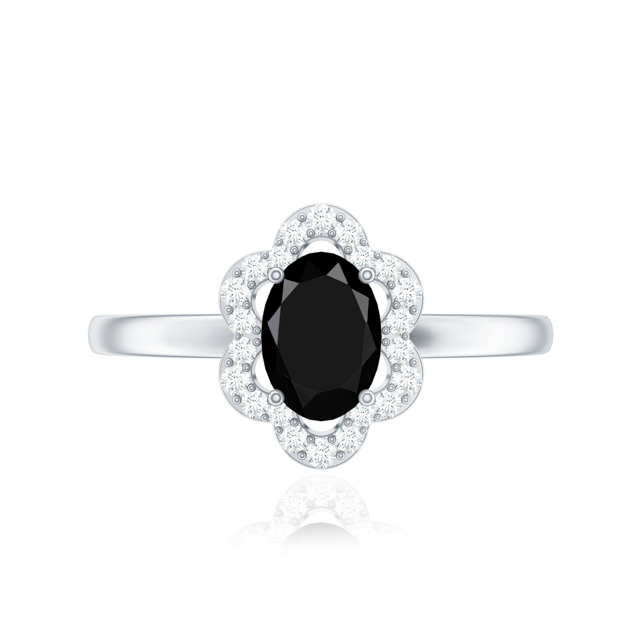 Certified Oval Cut 1 Carat Black Onyx Flower Engagement Ring with Diamond Halo