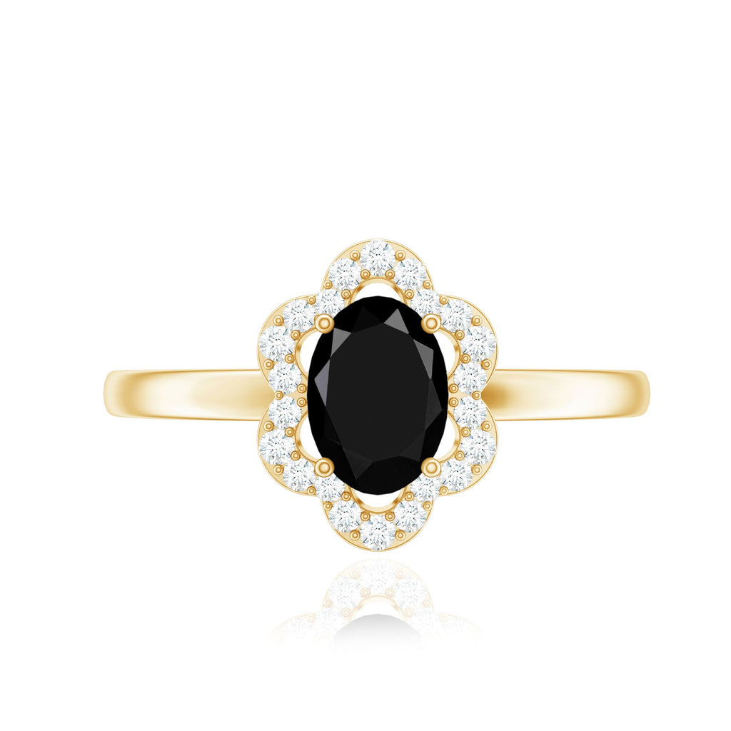Certified Oval Cut 1 Carat Black Onyx Flower Engagement Ring with Diamond Halo