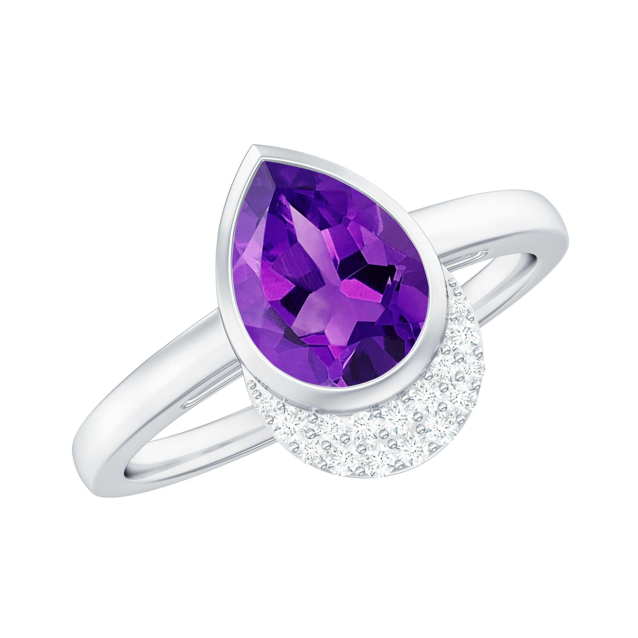Real Amethyst Diamond Teardrop Engagement Ring in Bezel Setting