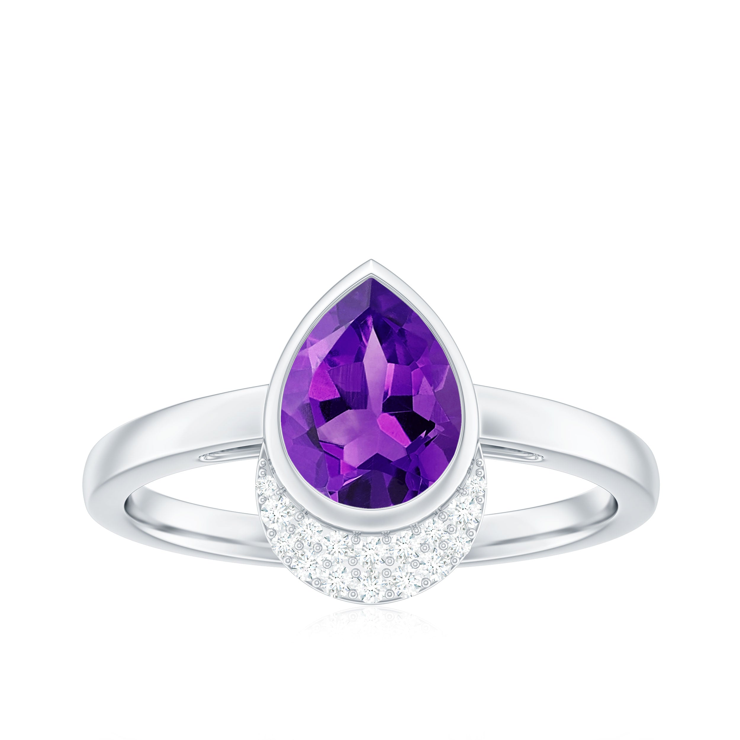 Real Amethyst Diamond Teardrop Engagement Ring in Bezel Setting