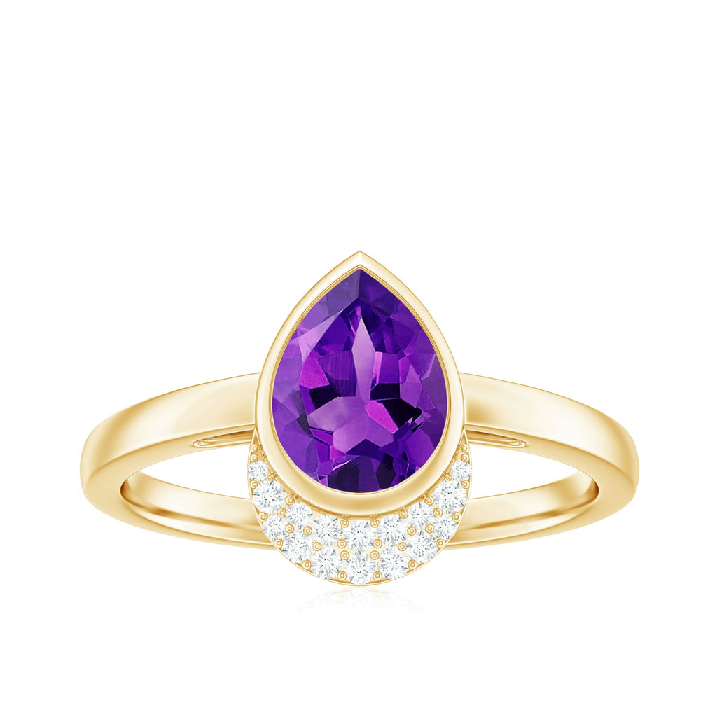 Real Amethyst Diamond Teardrop Engagement Ring in Bezel Setting