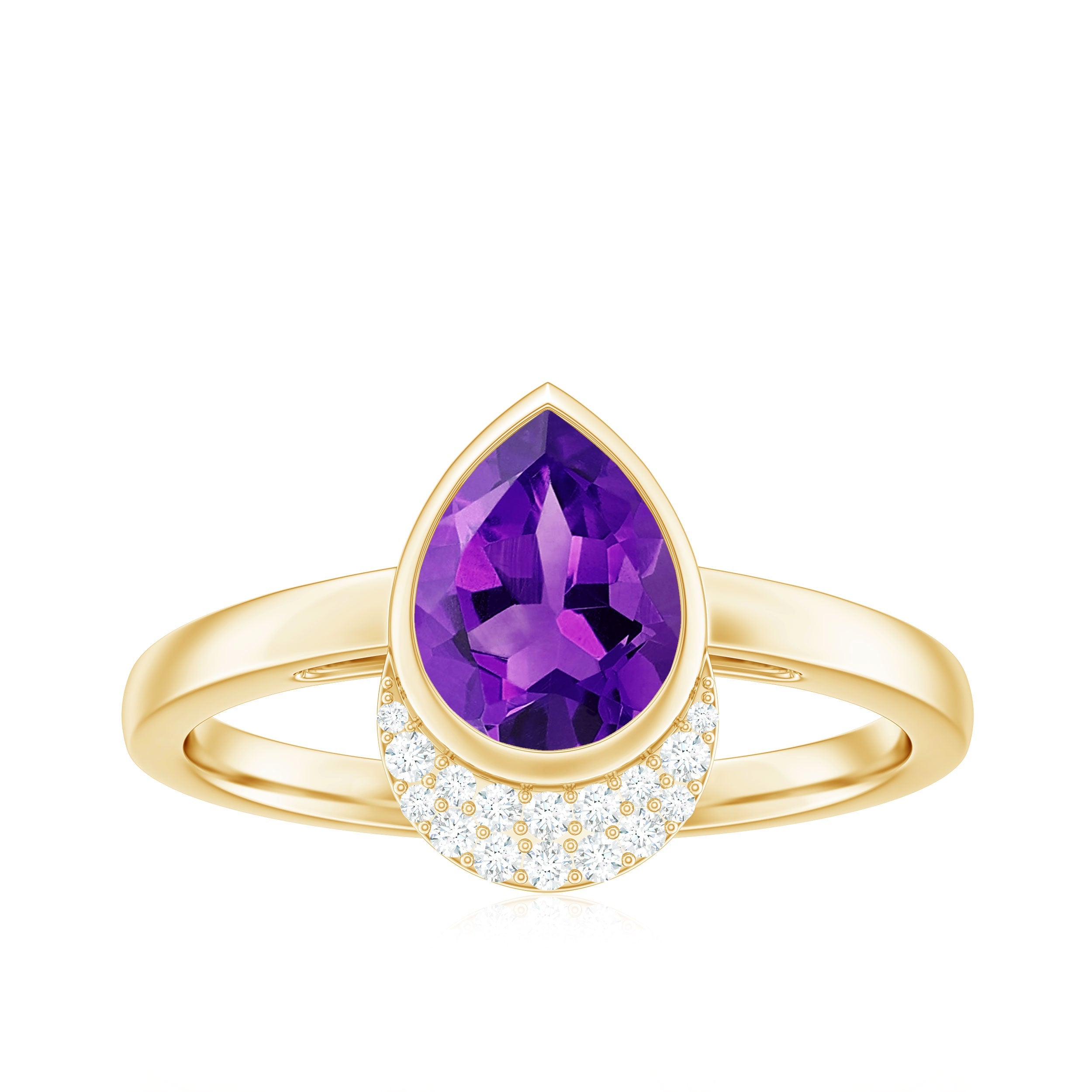 Real Amethyst Diamond Teardrop Engagement Ring in Bezel Setting
