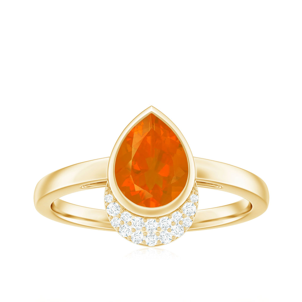 Bezel Set Fire Opal Teardrop Cocktail Engagement Ring with Diamond Accent