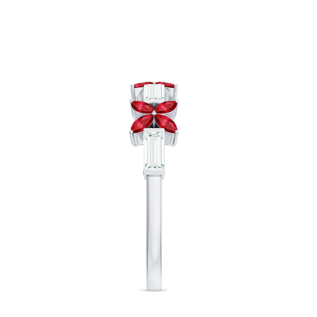 Marquise Cut Created Ruby and Moissanite Flower Half Eternity Ring
