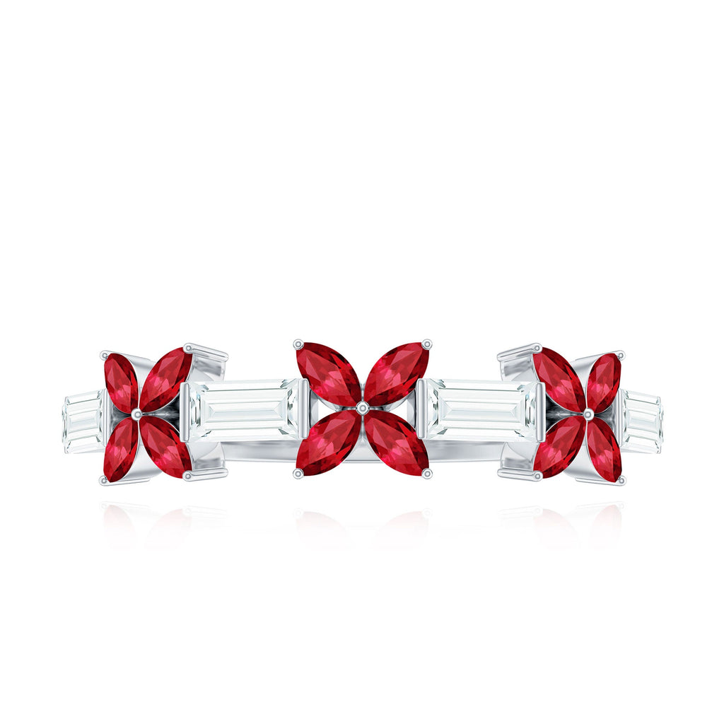 Marquise Cut Created Ruby and Moissanite Flower Half Eternity Ring