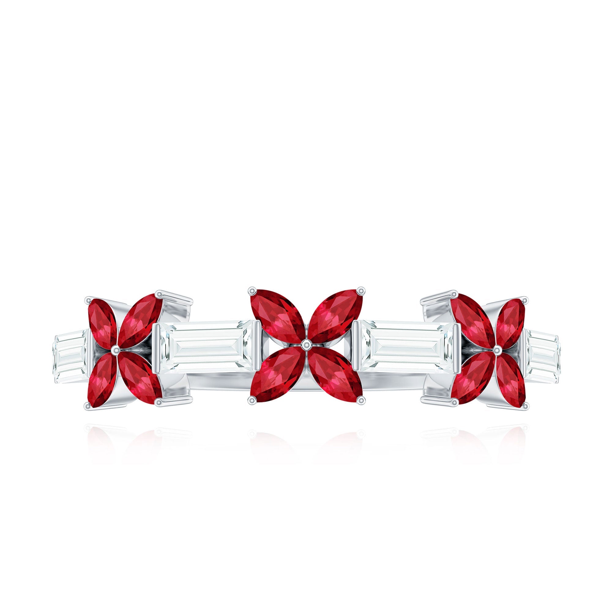 Marquise Cut Created Ruby and Moissanite Flower Half Eternity Ring