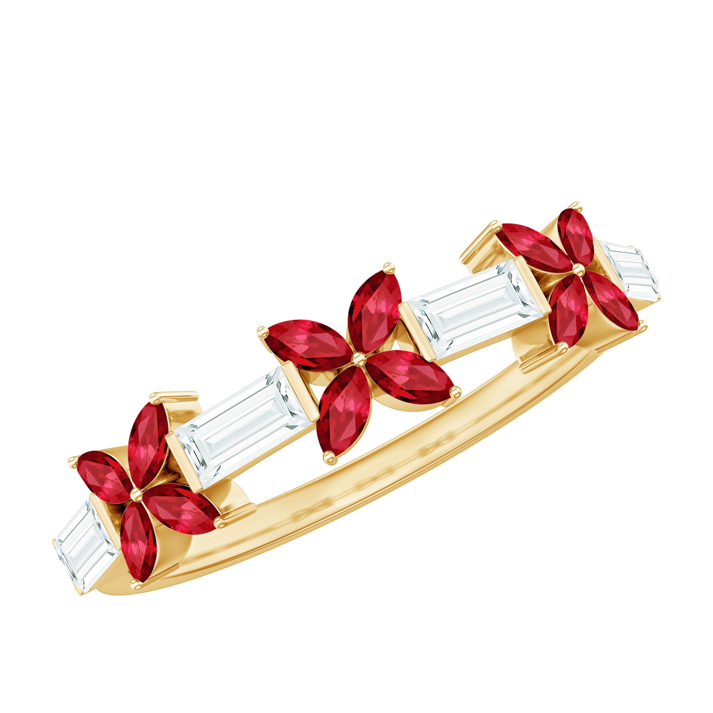 Marquise Cut Created Ruby and Moissanite Flower Half Eternity Ring