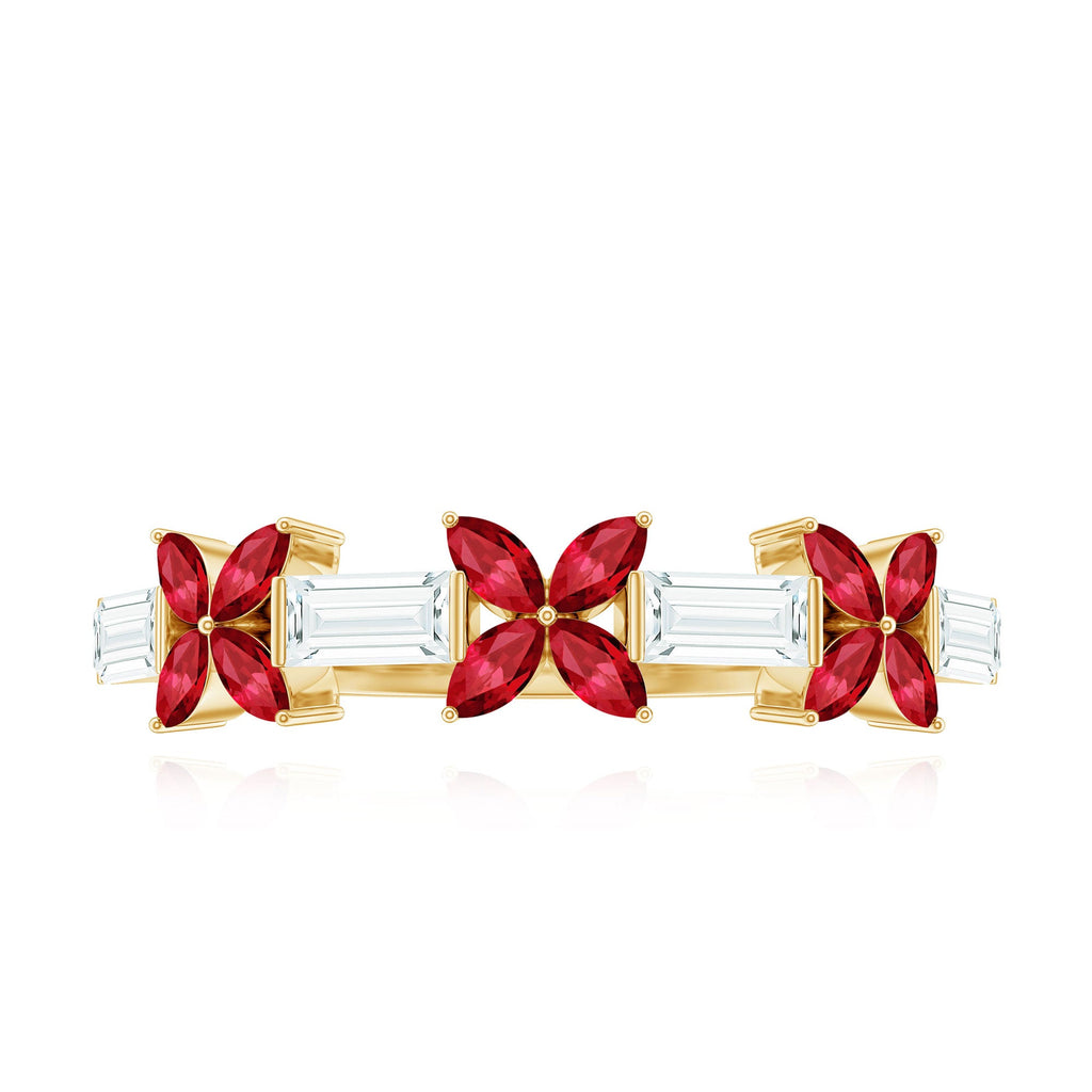 Marquise Cut Created Ruby and Moissanite Flower Half Eternity Ring